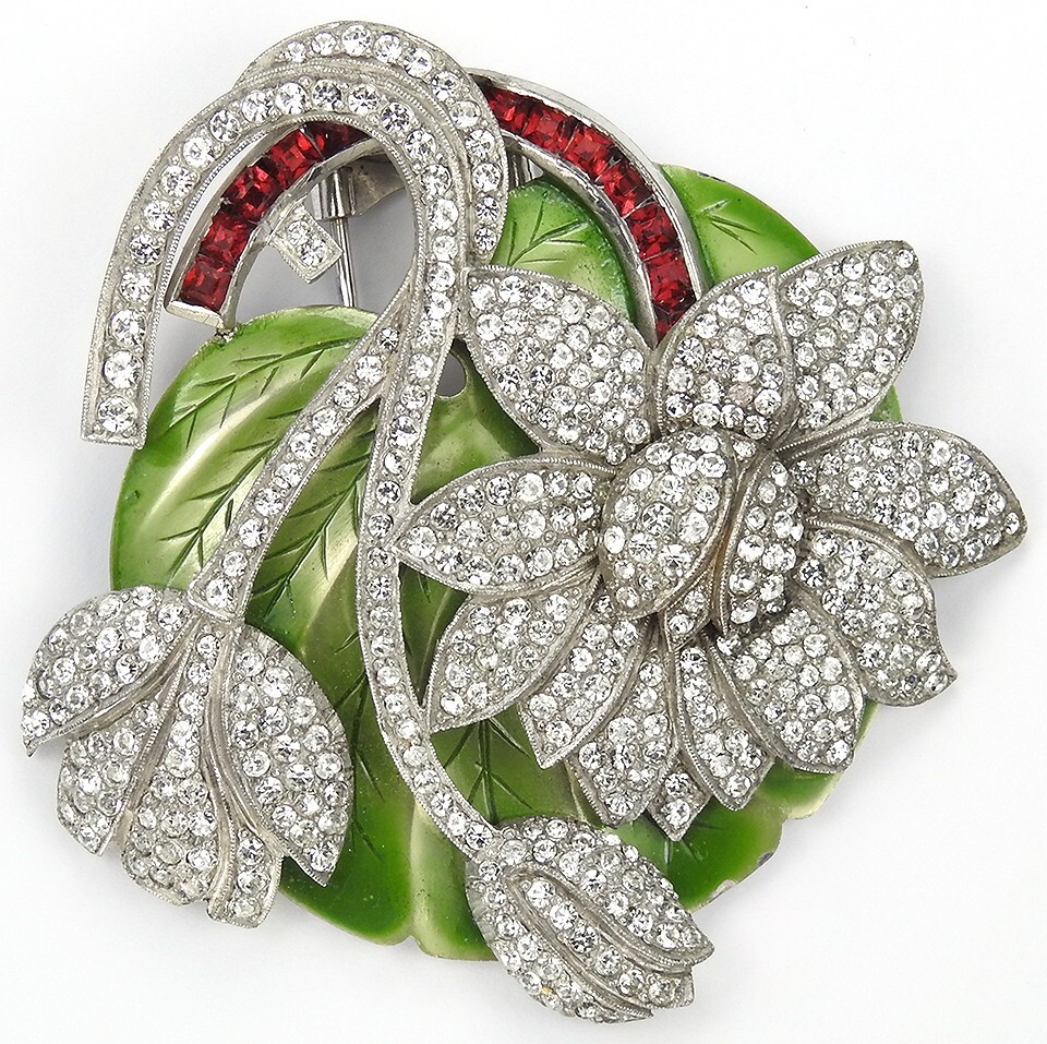Dujay Pave Metallic Enamel Flowers Invisibly Set Ruby Stem Floral Spray Pin Clip