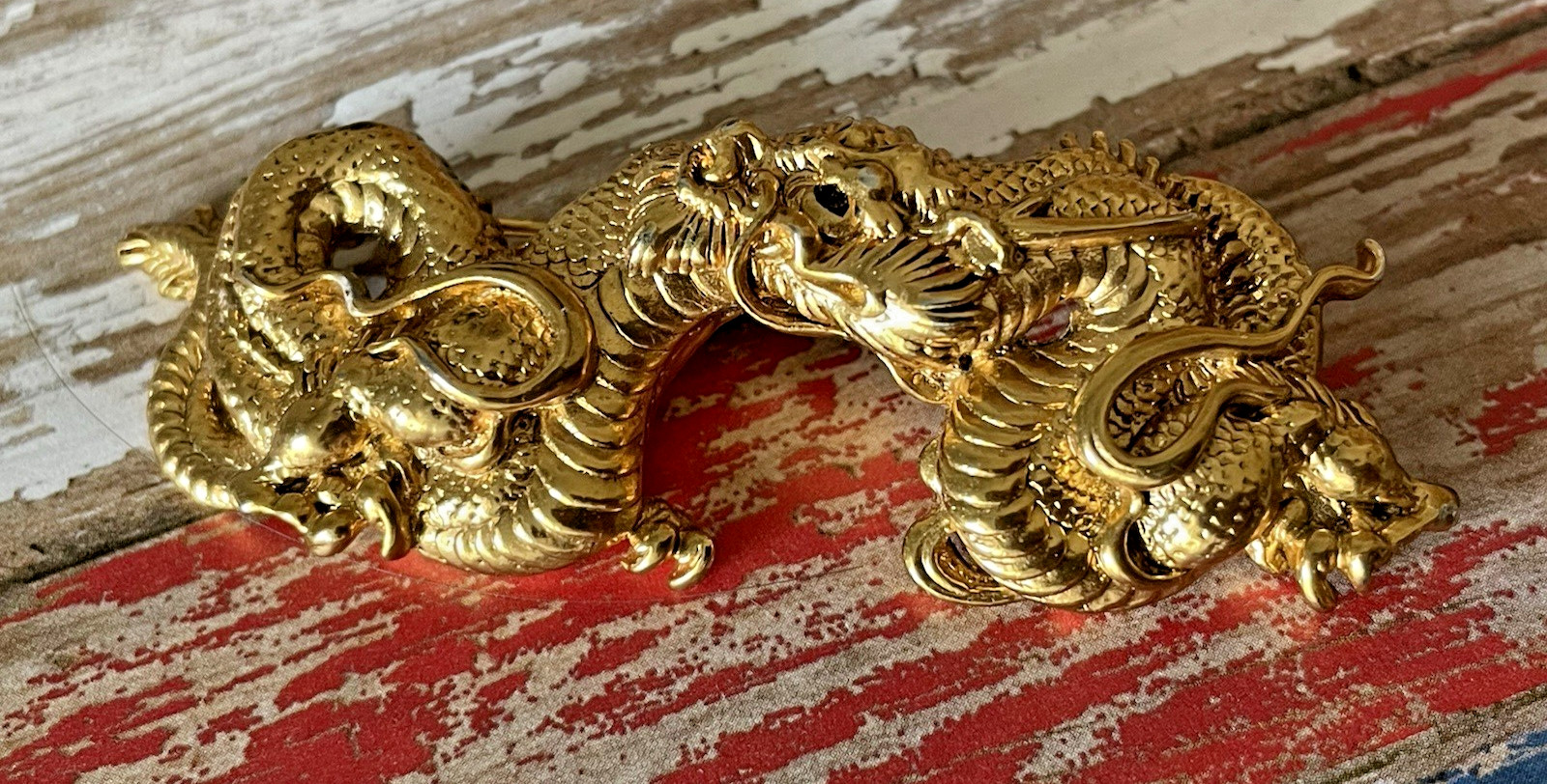 Vintage Alva Museum Replica Gold Tone Asian Menuki Dragon Brooch Pin