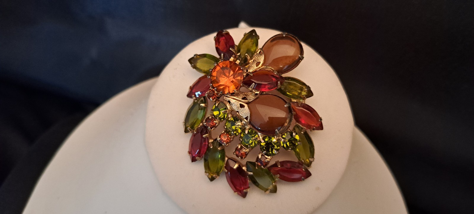 Vintage Designer? Topaz Orange Green Gold Glass Rhinestone Statement Brooch