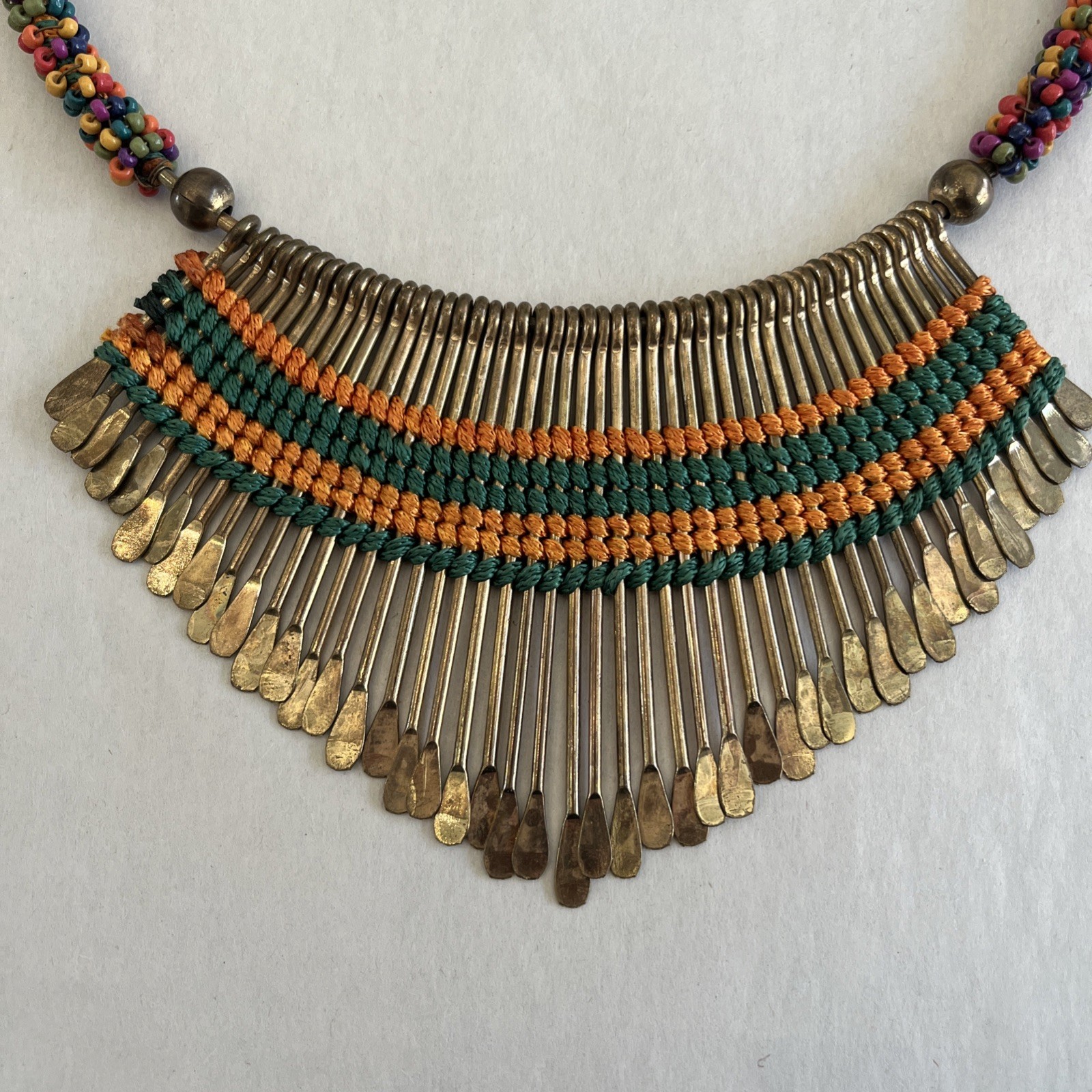 Vintage Fringe Statement Necklace Collar Bib Choker Beaded Bright Colors Patina