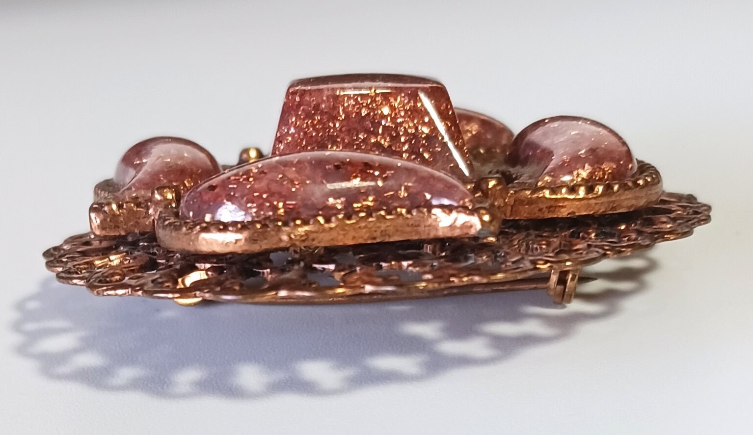 Vintage Filigree Copper? Brooch w Smooth Raised Speckled Goldstone-style Cabs