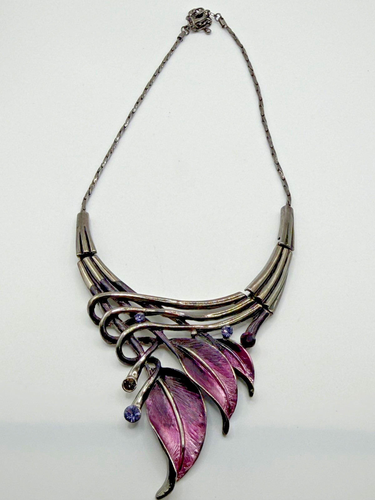 PURPLE LEAF BIB STATEMENT NECKLACE ENAMEL RHINESTONE WOMENS NATURE LOBSTER CLASP