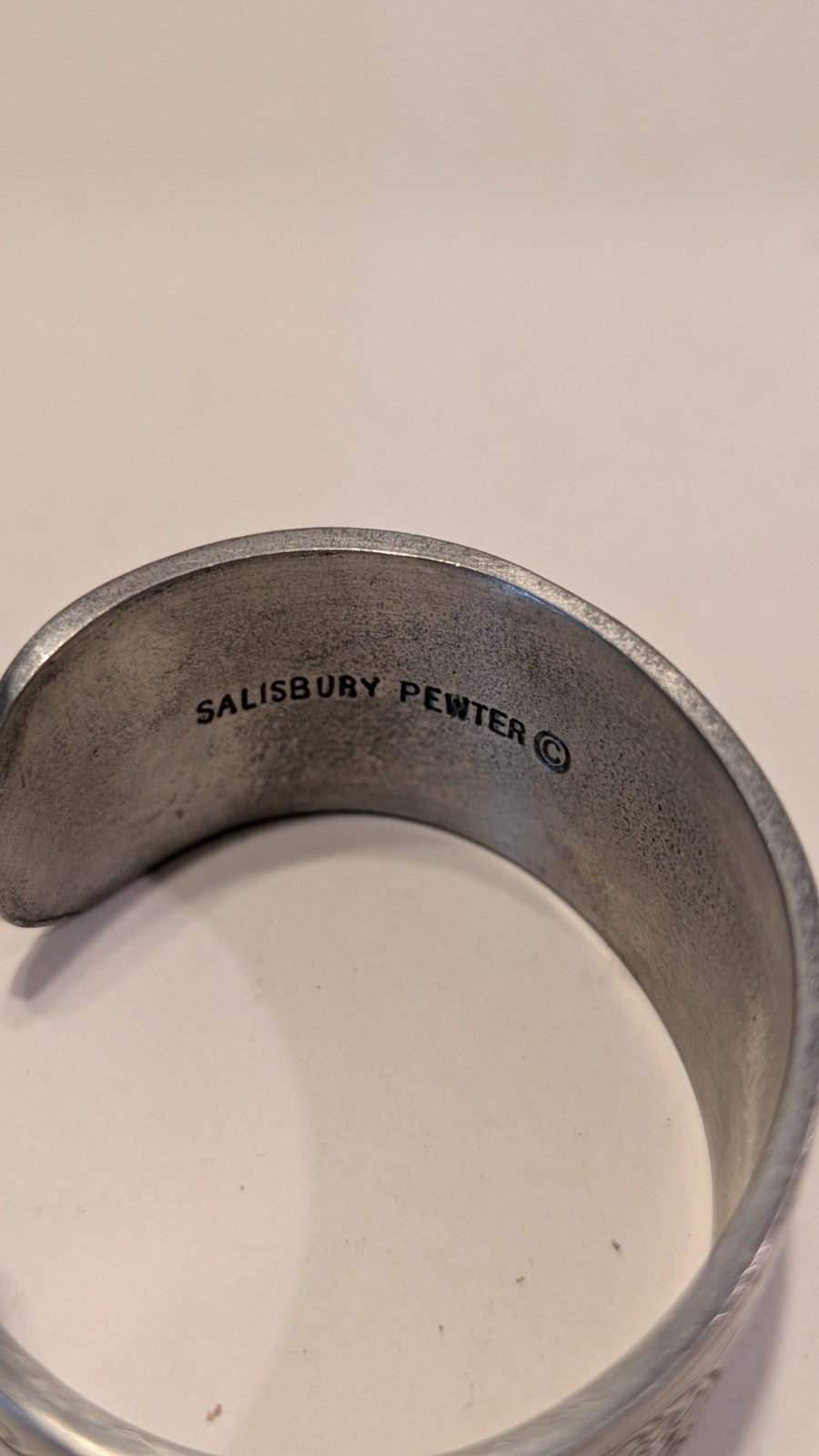 Salisbury Pewter Floral Cuff Bracelet Signed Macy Silver Tone Wide Etched Bangle