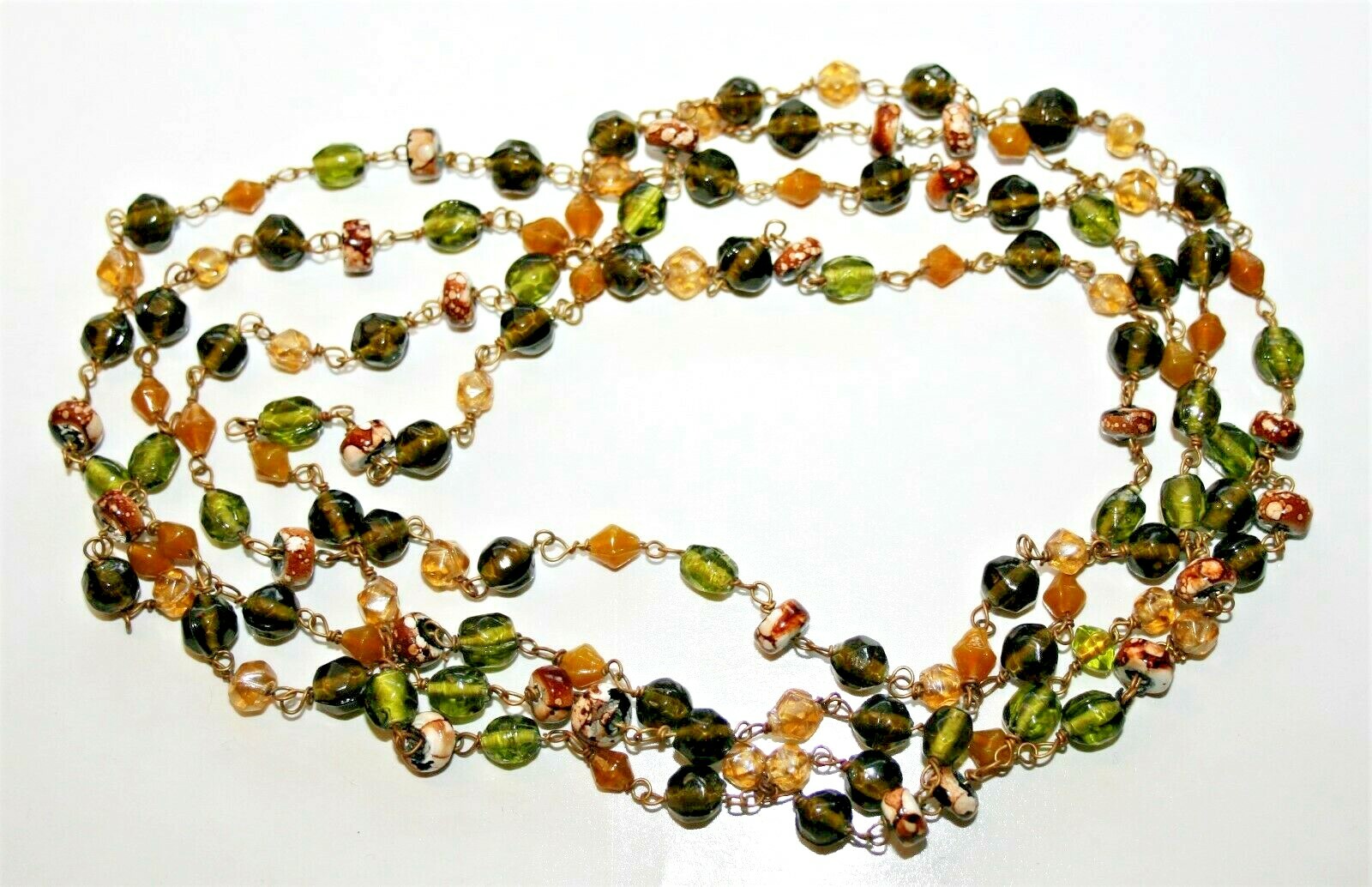 Pretty Antique Earthtones Multi-shape Molded Glass Beads Hand Wired 62″ Necklace