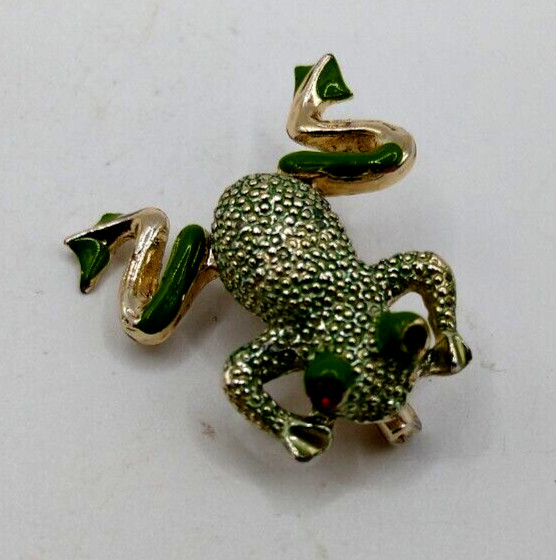 Vintage Frog Pin Brooch Movable Articulated Legs Green Gold Green Enamel Red Eye