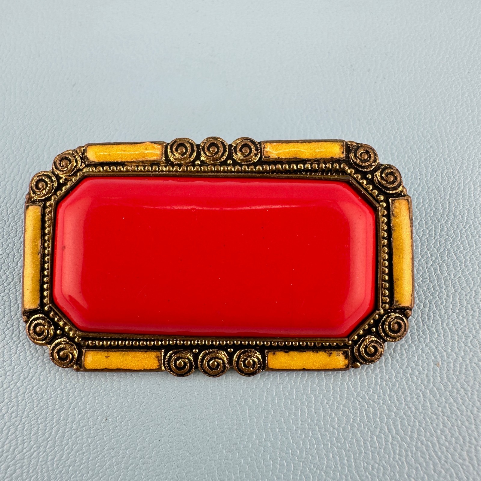 Vintage Art Deco Brooch Rectangular Red Yellow Enamel Ornate Spiral Frame