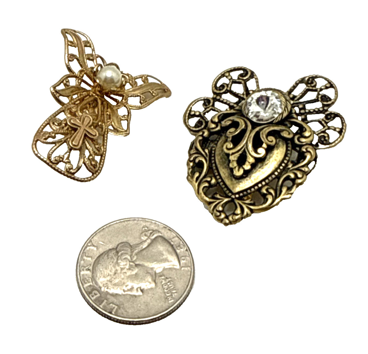 Vintage JANE Angel Brooches Ornate Bronze & Gold Tone Filigree Pins Lot of 2