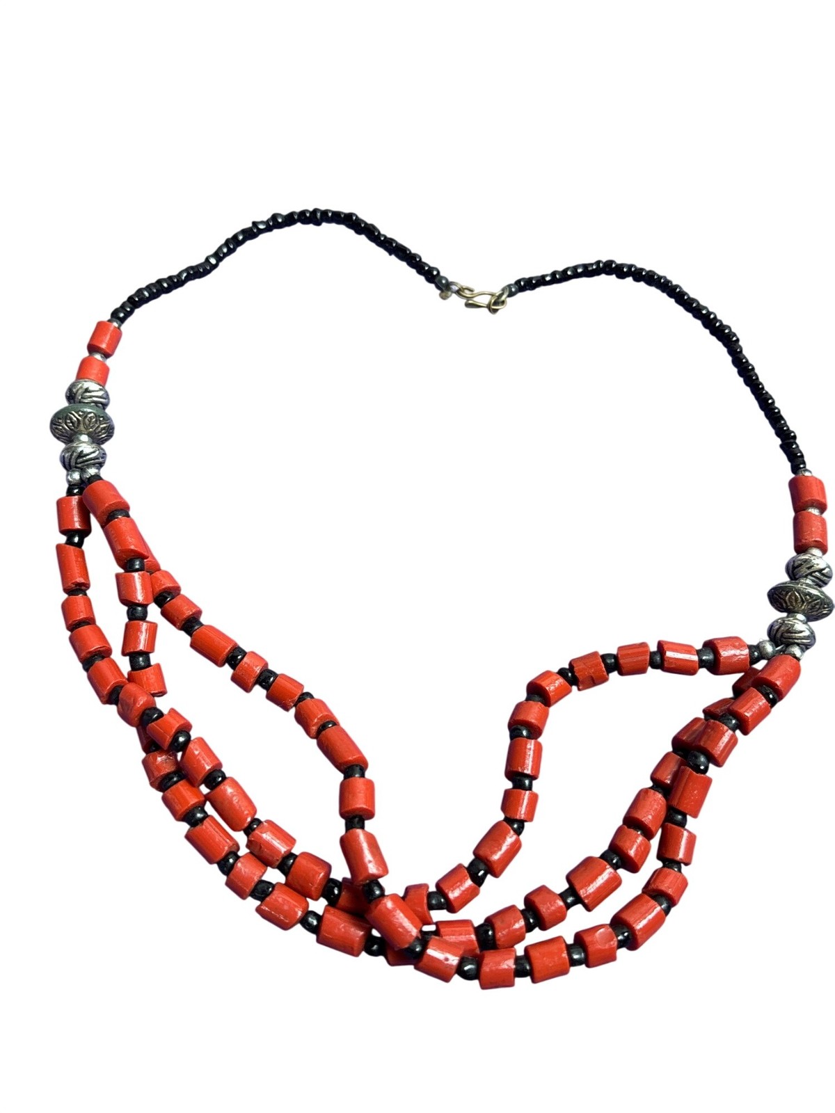 Vintage Artisan Beaded Necklace 2 Strands Red Black Silvertone Hook Clasp 21 in