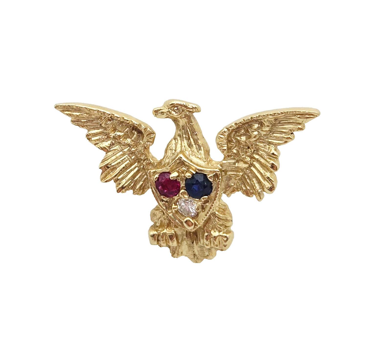Vintage 14k GOLD Patriotic EAGLE w Ruby Sapphire & Diamond Tie Tack Pin