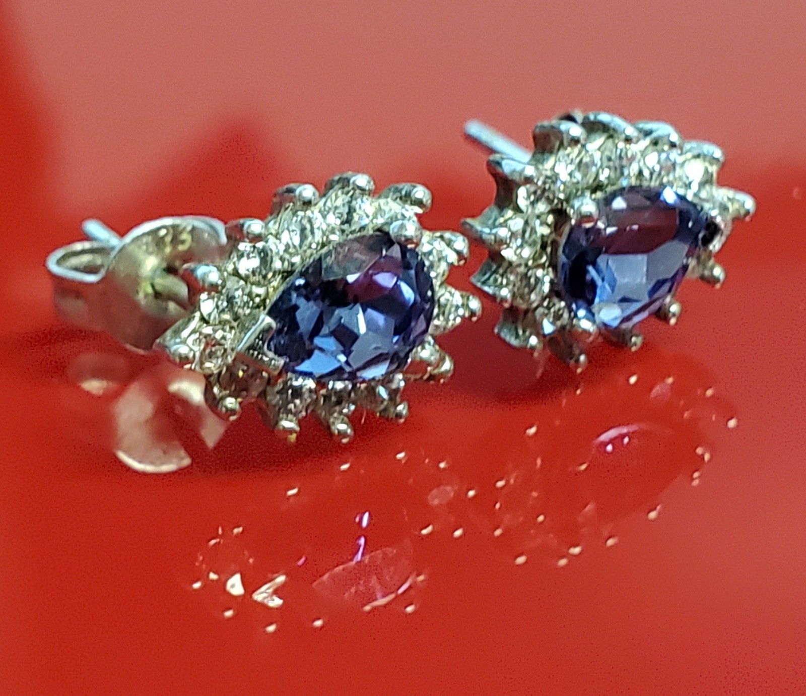 VTG 925 Purple Blue Pear Cut Crystal Stud Earrings Sterling Silver 1g Halo CZ S