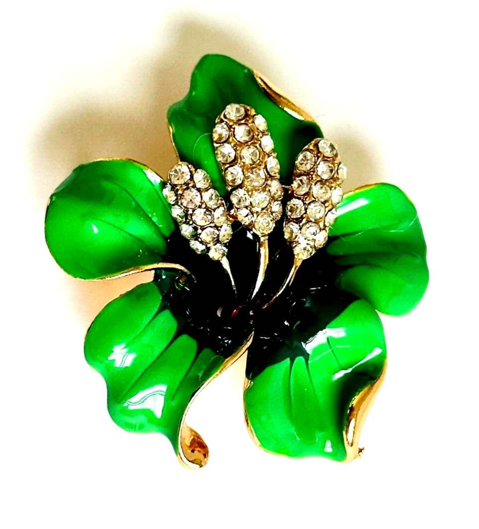 Bright & Dark Green Enamel Rhinestones Hibiscus Flower Brooch Contemporary