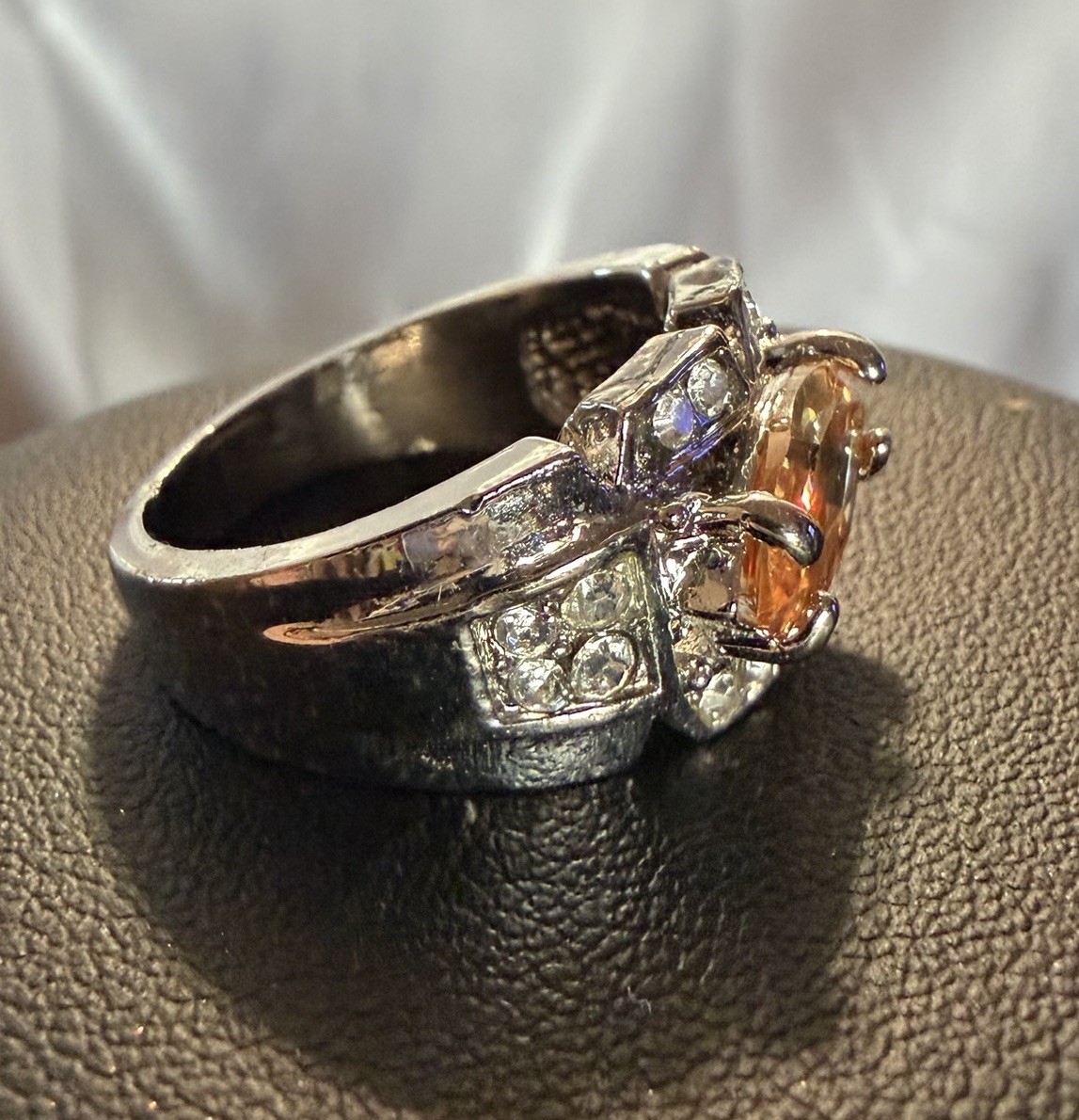 Silver-tone Citrine & CZ Costume Jewelry Ring Size 10 11g Unique Stone