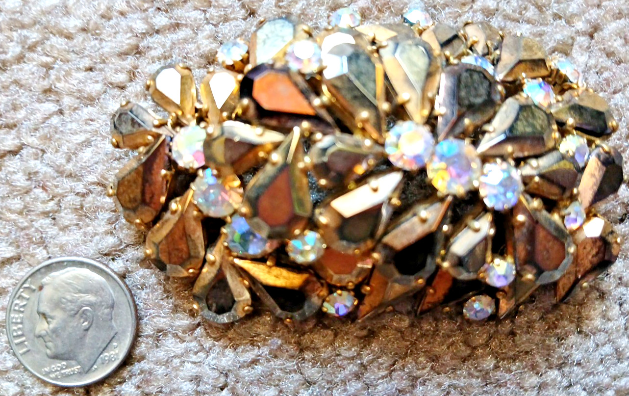 Vtg Crystal Gold Bronze Brooch Pin Lrg Rhinestones AB Openback Clasp for REPAIR
