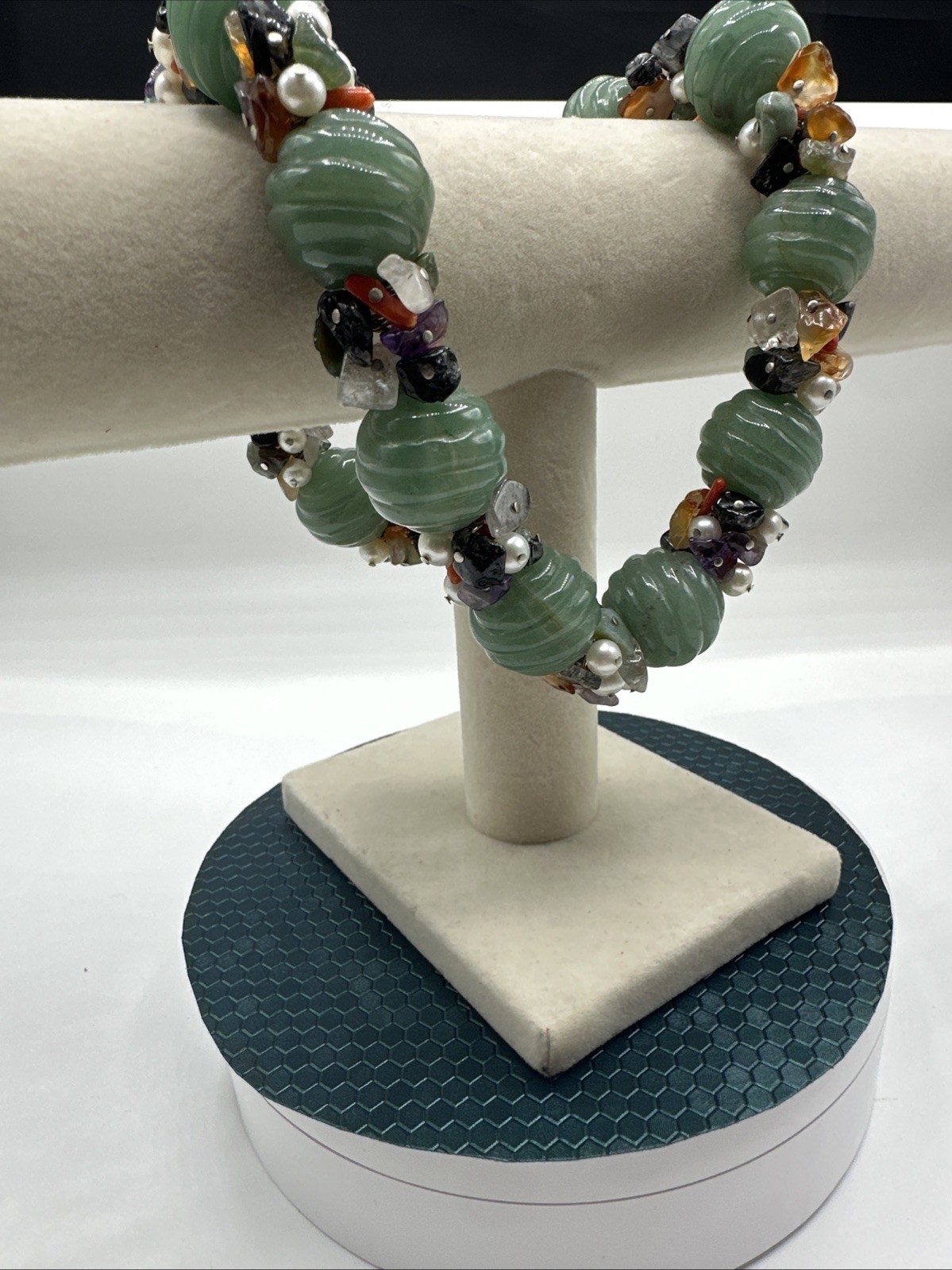 Unique Jadeite and Semiprecious Stones Vtg Necklace. Sterling Silver Closure.