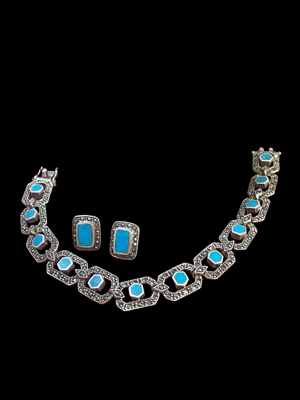 VTG .925 Stamped Sterling Silver Geometric Blue Turquoise Bracelet And Earrings