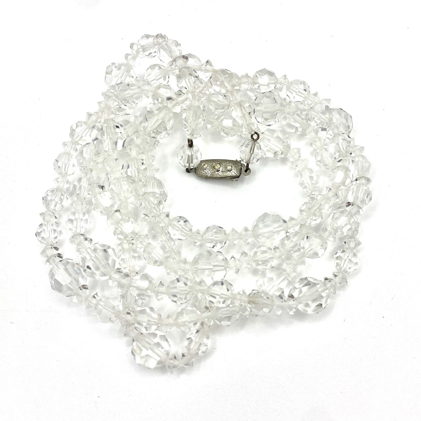 Vintage Long Faceted Crystal Like Rhinestone Beads Necklace AB Clip Ons Earrings