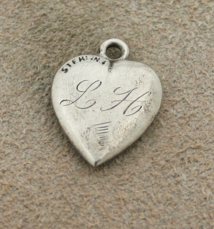 VICTORIAN VINTAGE STERLING PUFFY HEART CHARM – Hearts & Swirls Border & engr.