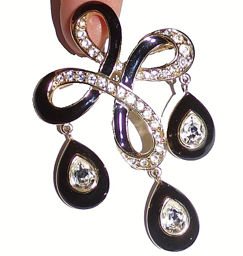 TRIFARI TM signed dangle pin with black enamel & rhinestones-OMG!!