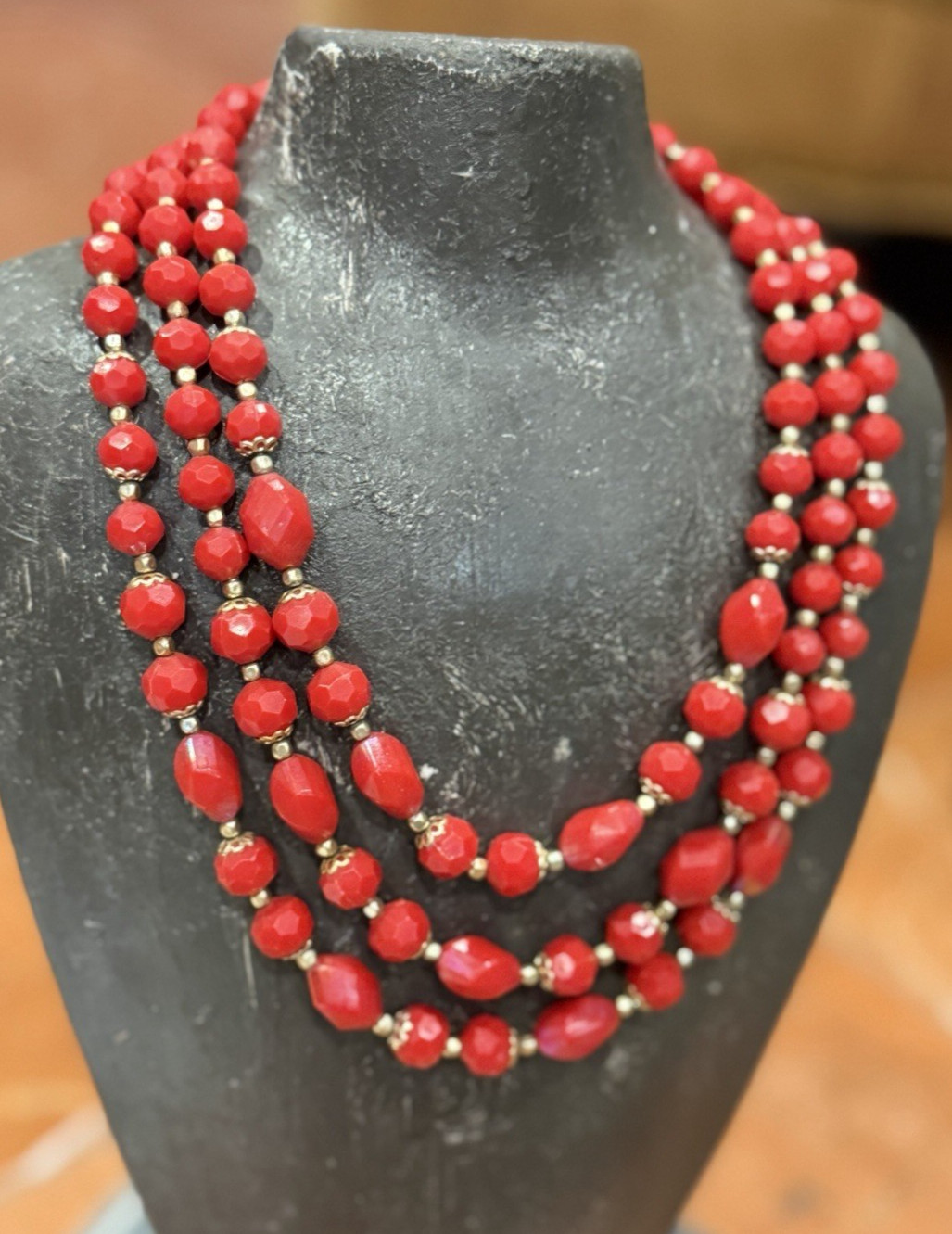 HONG KONG RED LUCITE GOLD BEADS 3 STRAND NECKLACE CLUSTER CLIP EARRINGS SET MCM