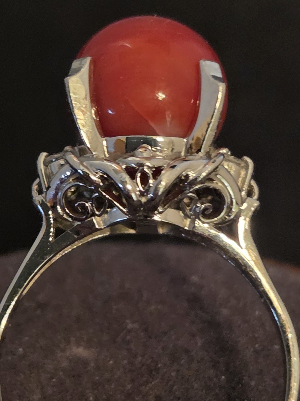 Antique 19th Century 900 Platinum Natural Coral & Diamonds Ring Sz 5-3/4