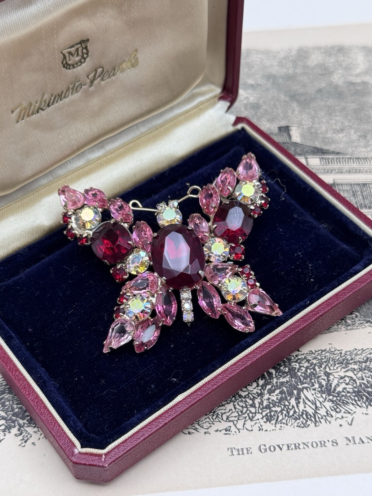 Vintage Butterfly Brooch Pink Red Rhinestone AB Crystal Goldtone Figural 2”