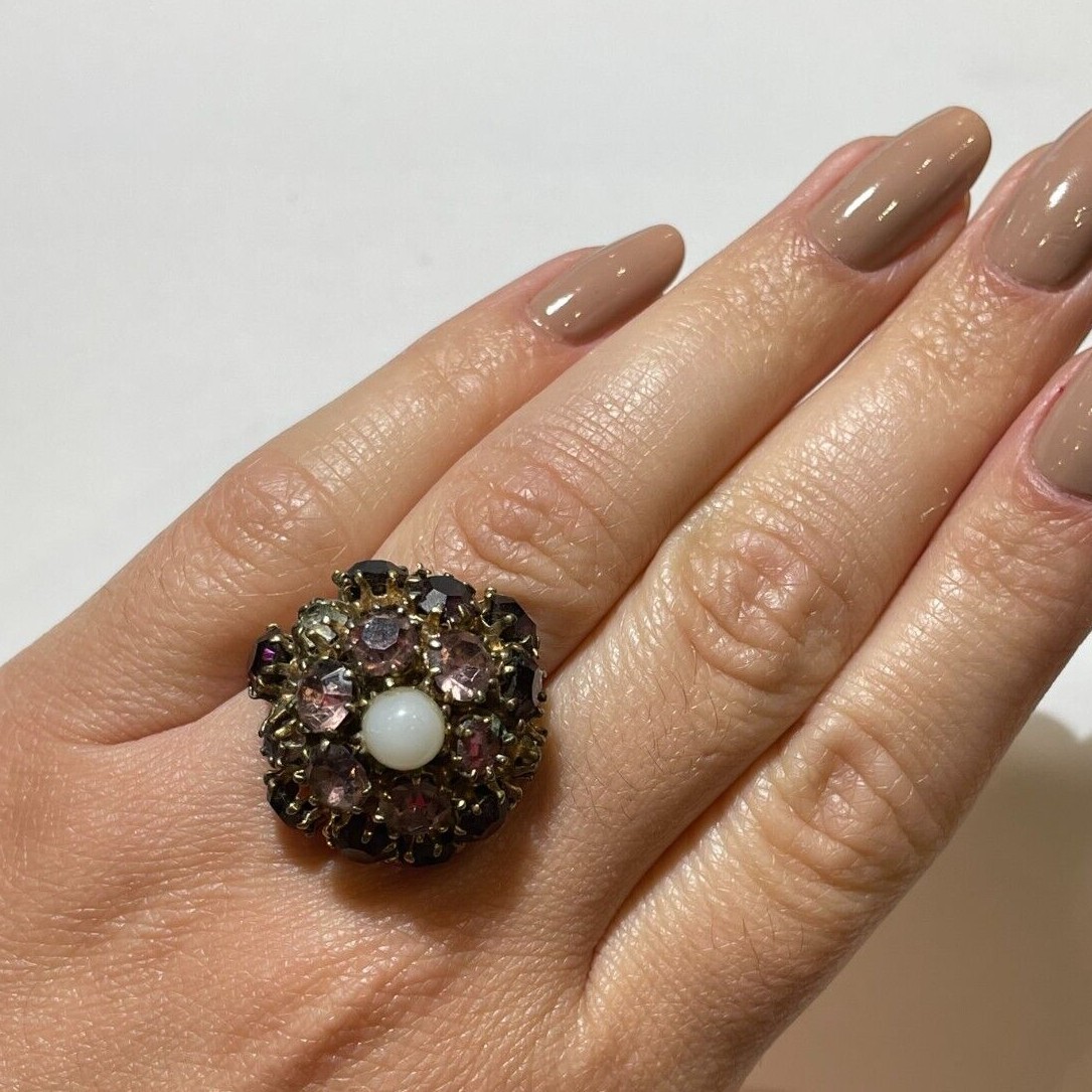 Vintage Art Deco Purple Pink White Cluster Rhinestones Adjustable Sz 6 Ring
