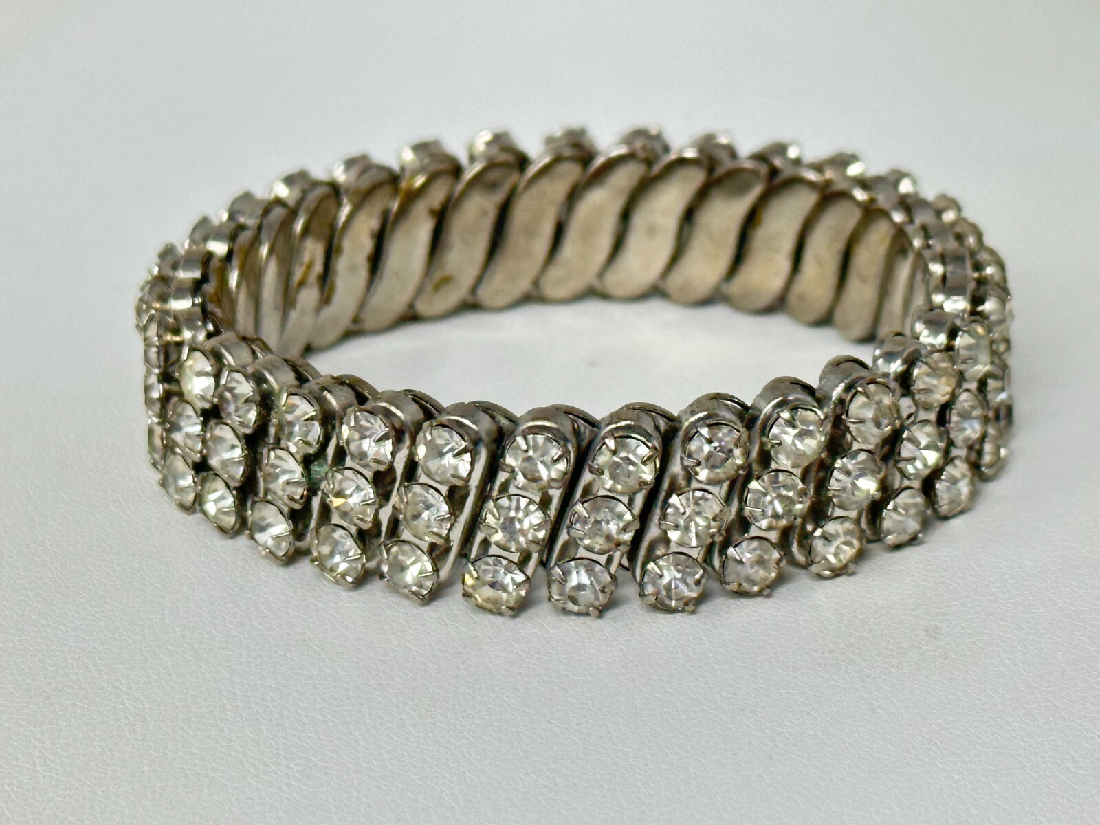 Vintage 3-Rows of Clear Rhinestones Watch Band 6″ Stretch Bracelet