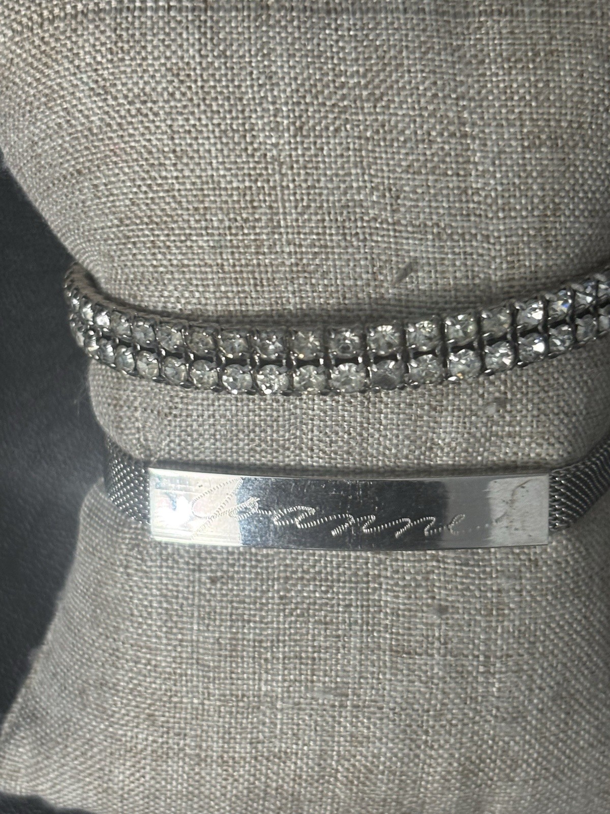 Vintage Bracelet Set Mesh ID Bucket Rhinestone Silver Tone Safety Clasp