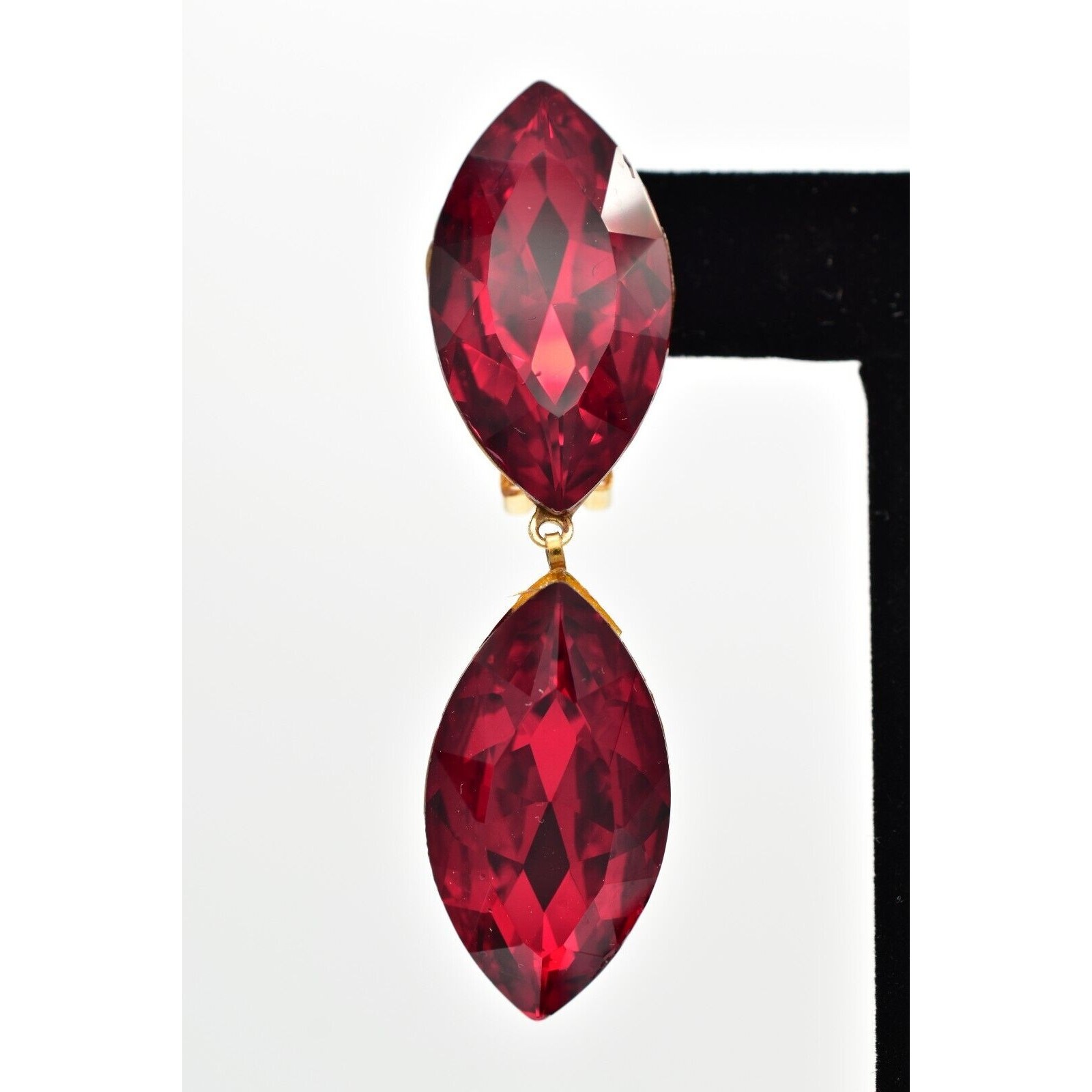 Vintage Red Crystal Clip On Earrings Drop Dangle Chunky Sparkling 1980s BinBK