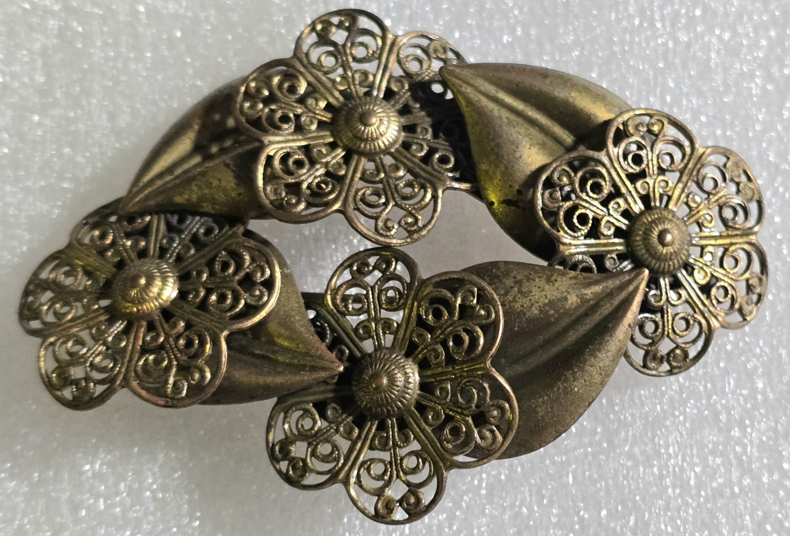Antique Vintage Floral Filigree Brass Riveted Circle style Brooch