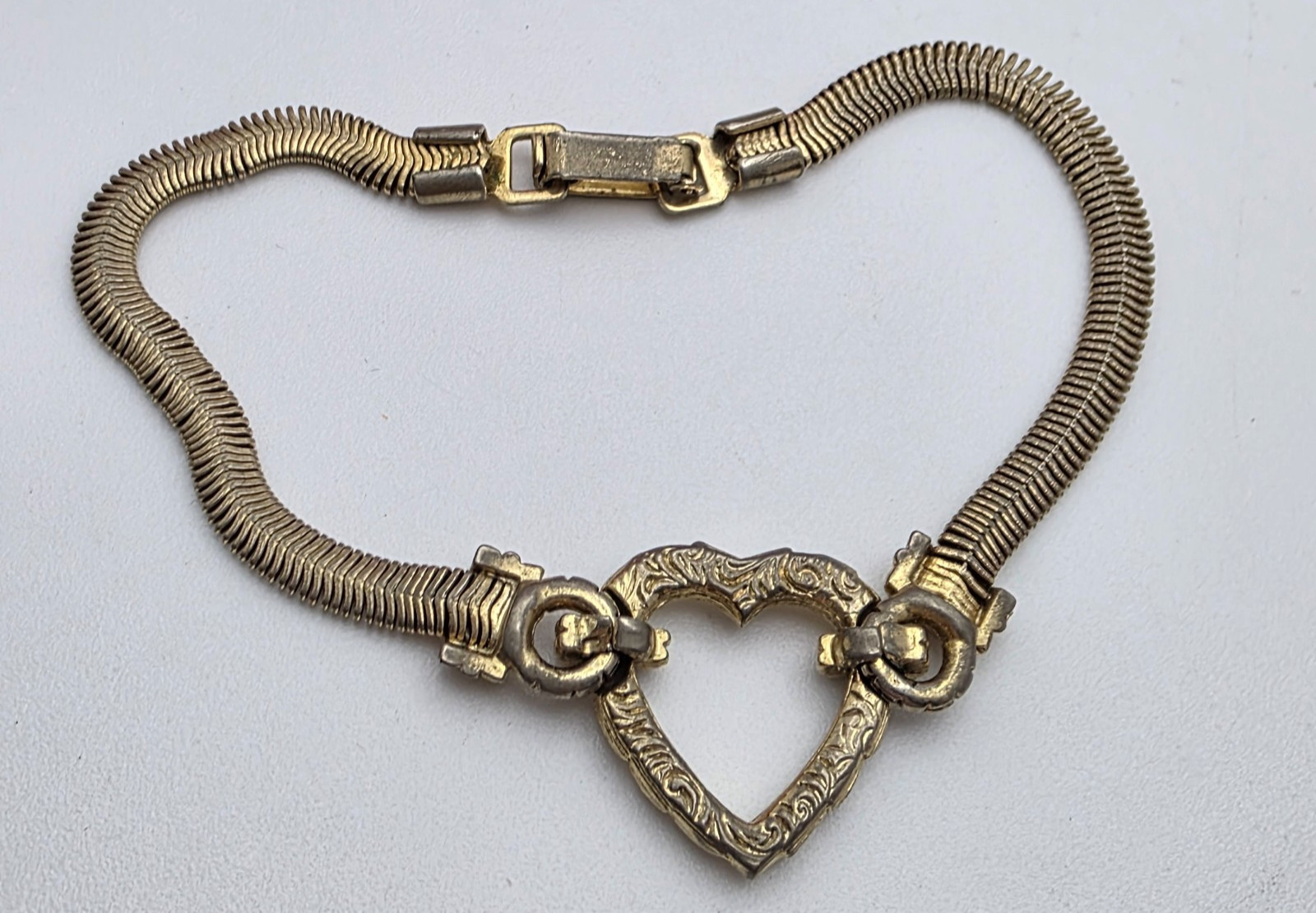 Gold Tone Open Heart Crystal Pave Herringbone Chain Bracelet 7.25 In Vintage