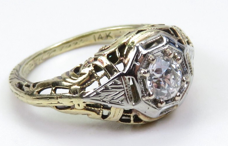 Antique 1920’s European Diamond 13KY/16KW Engagement Ring Size 4 UK-H dtd 1927