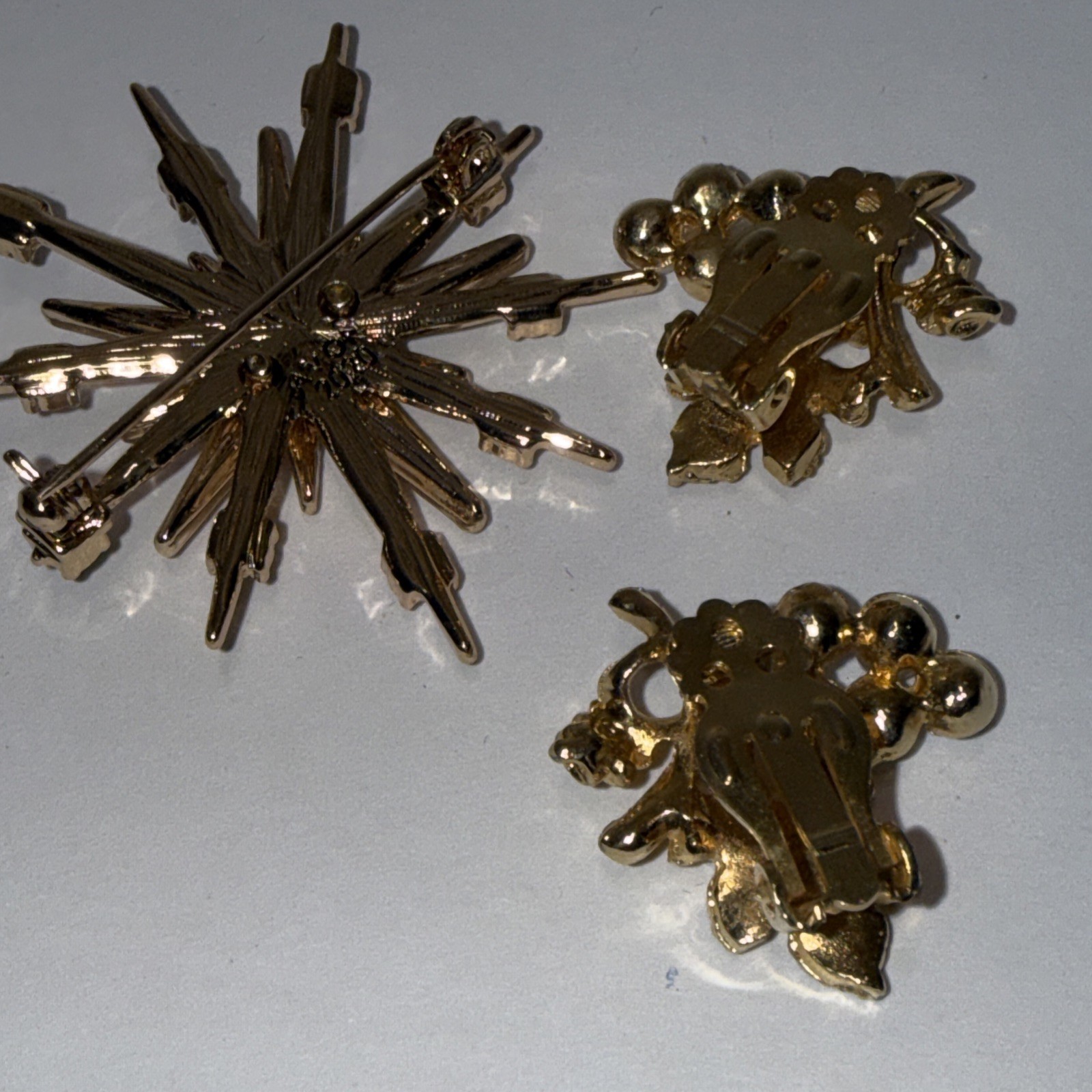 Vintage Gold Tone Clip Earrings Pearl Grape Clusters & Golden Starburst Brooch