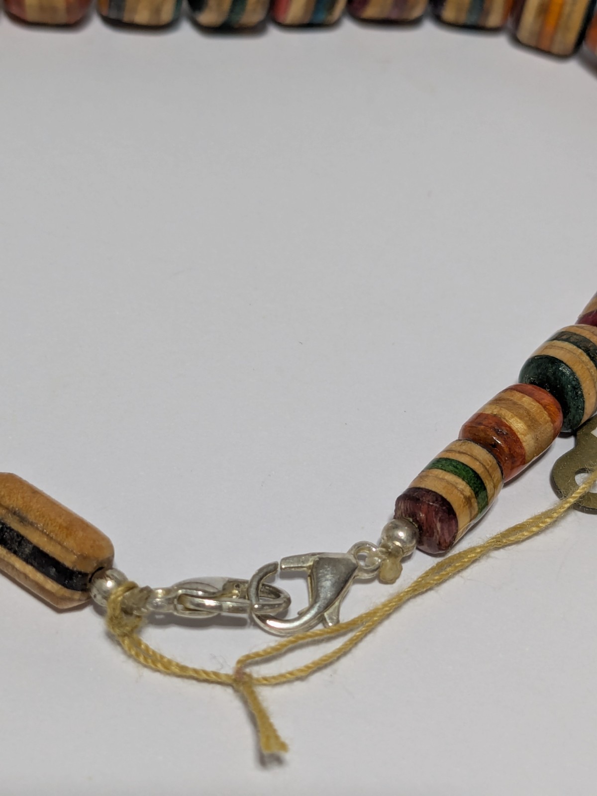 Vintage Multicolor Wood Bead Handmade Necklace. Silver Tone End Caps. 21″ BOHO