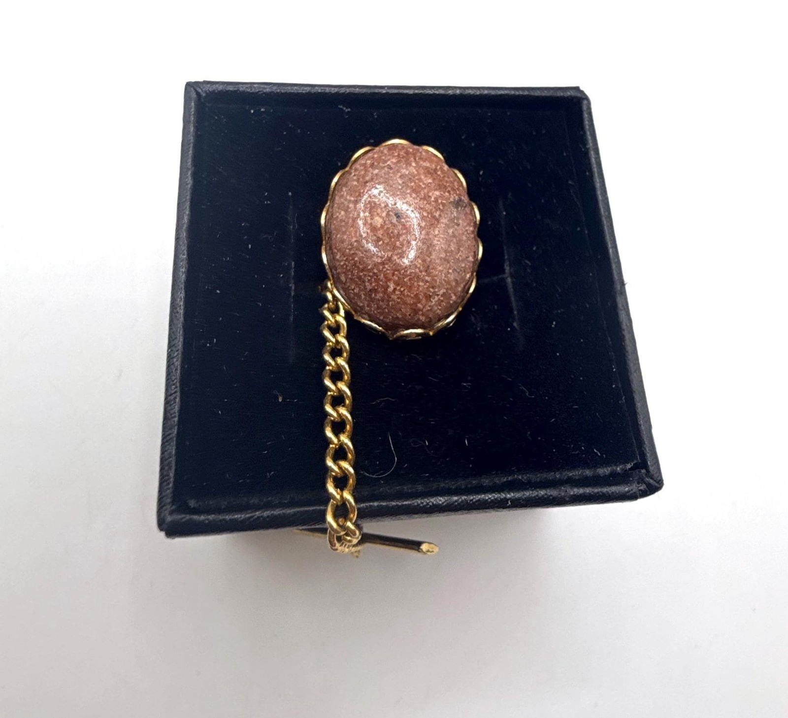 Vintage gold tone pink hue oval stone tie clip pin with chain