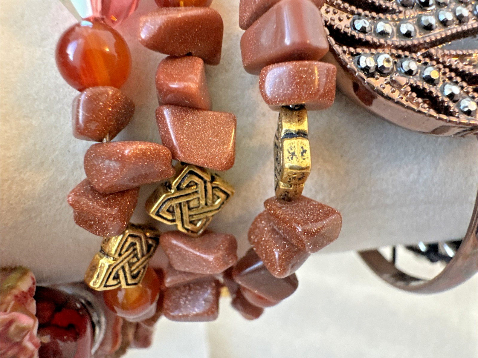 14 Bracelets earthtones glass beads shell textured Goldstone Lot boho 90s hippie