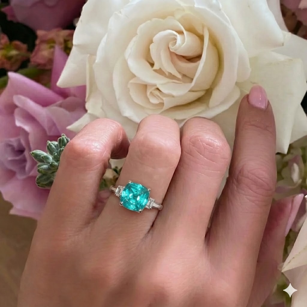 14k White Gold Engagement Ring 4.75CT. Lab-grown Paraiba Tourmaline Cushion Cut