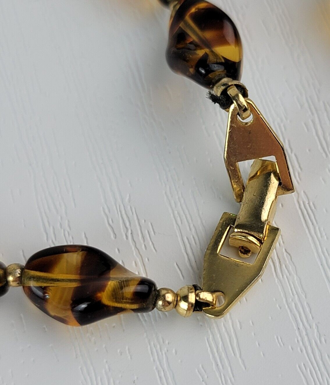 Vintage Faux Honey Amber Glass Beaded Necklace Gold Tone Fold Clasp 30 Inch