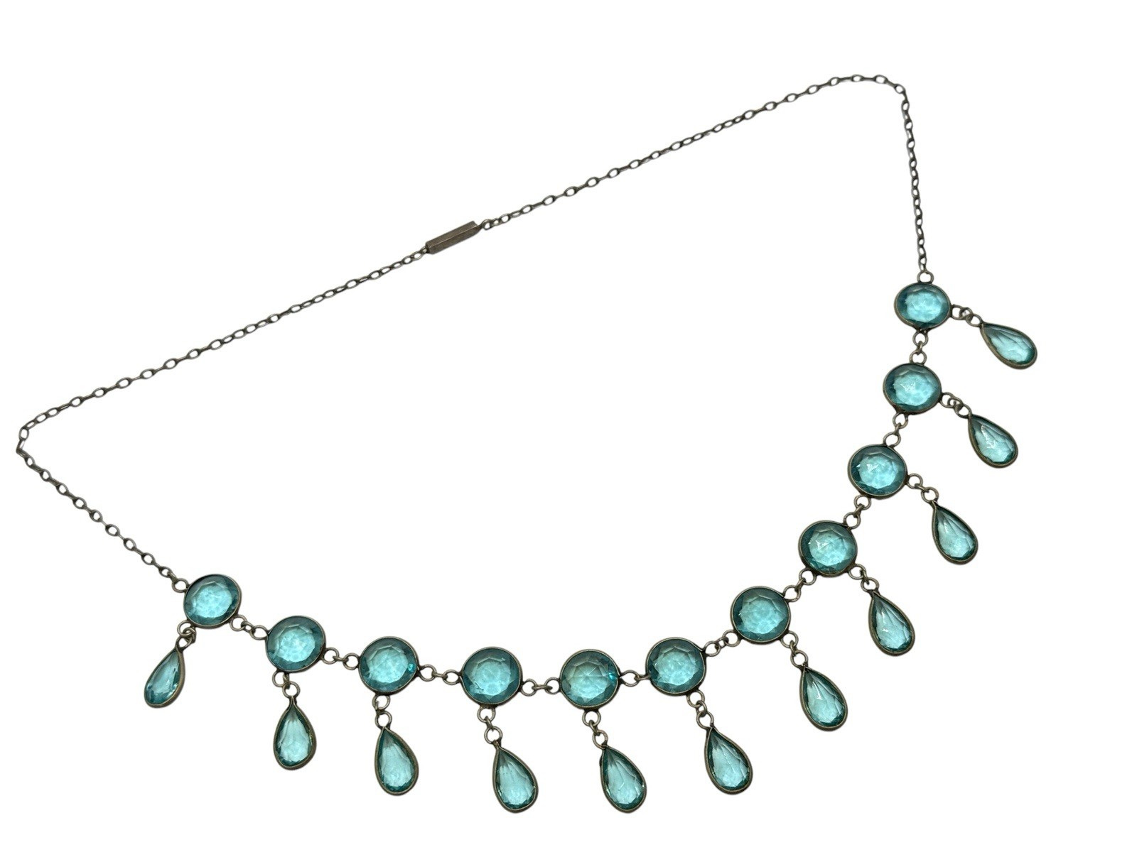 Antique Edwardian Deco Czech Festoon Drapes Faux Aquamarine Glass Necklace