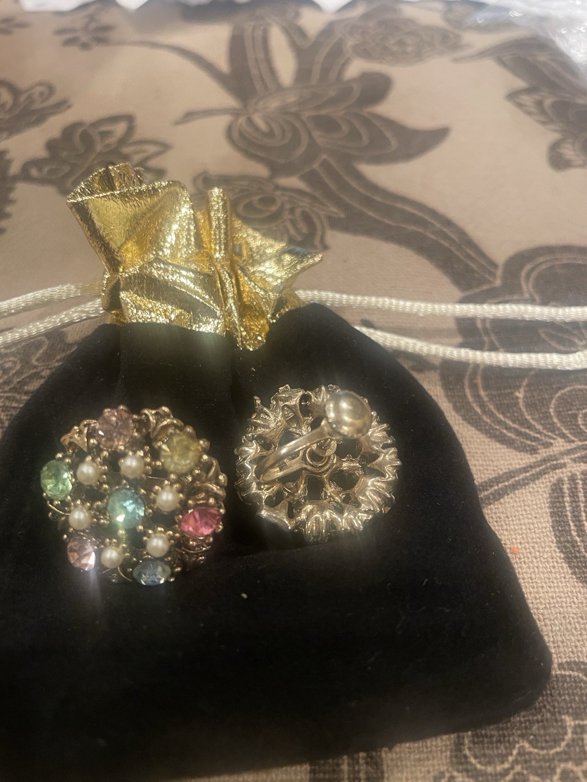 Vintage Multicolor Round Cluster Clip-On Earrings, Gold Tone Metal, Beaded