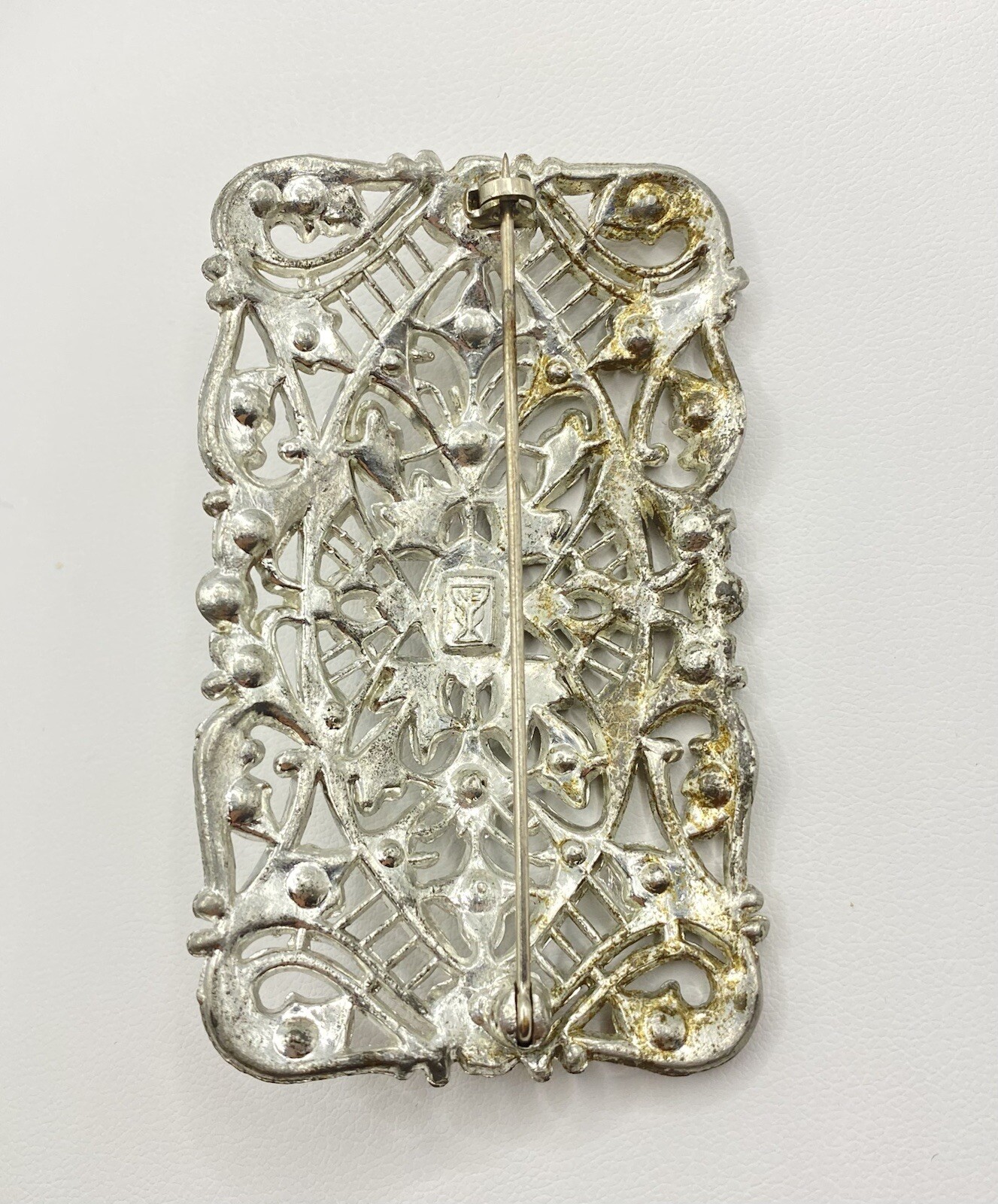 New England Glass Works Silver Rhinestone Filagree Brooch 2”