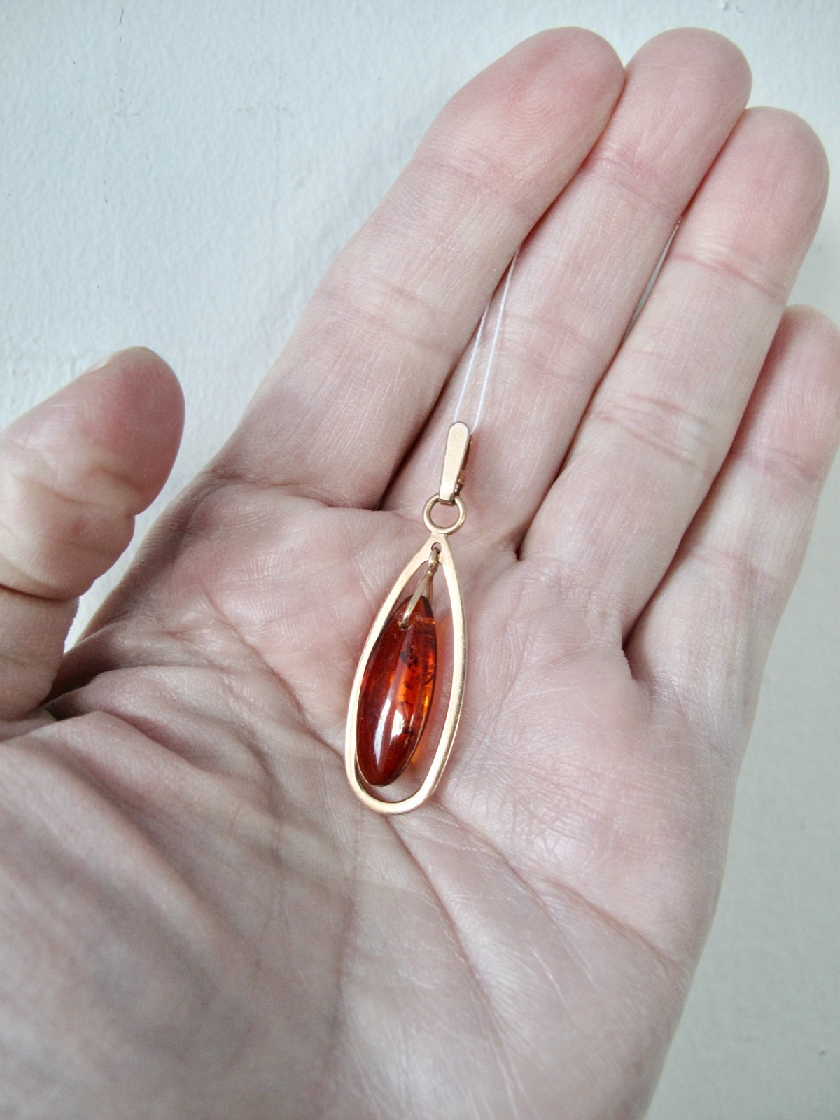 Russian Soviet Pendant Rose Gold Honey Amber Drop 583 14K Янтарь кулон 1982