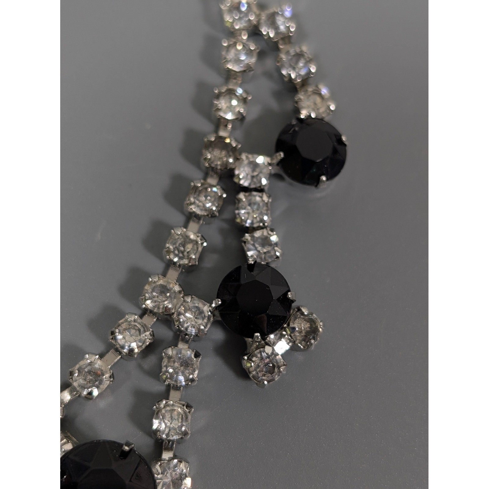 Vintage Black Clear Rhinestone Choker Necklace Silver Tone Bib Statement 15″