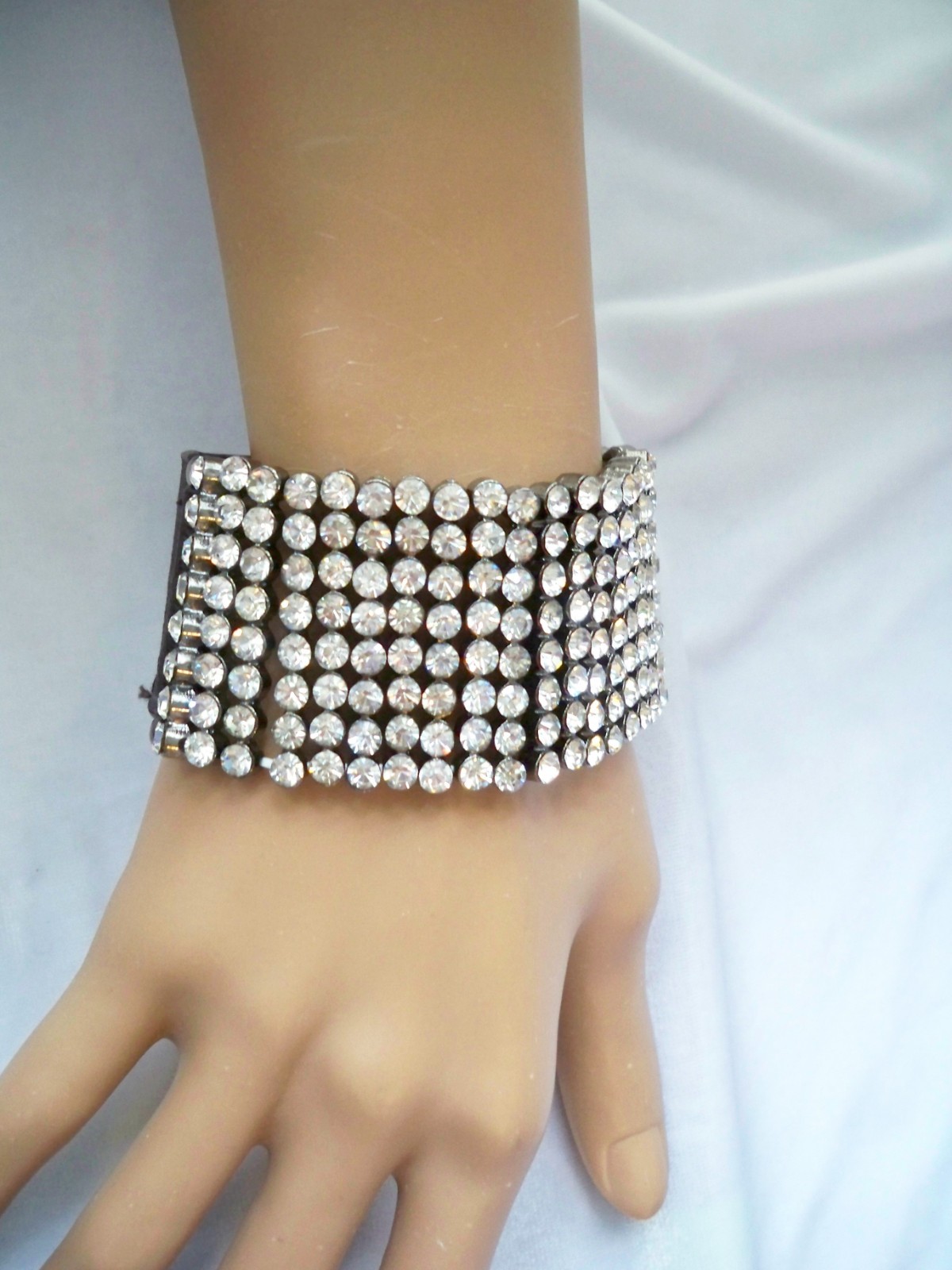 Wide 8 Row Pave Set Crystal Rhinestone & Black Faux Leather Snap Bracelet