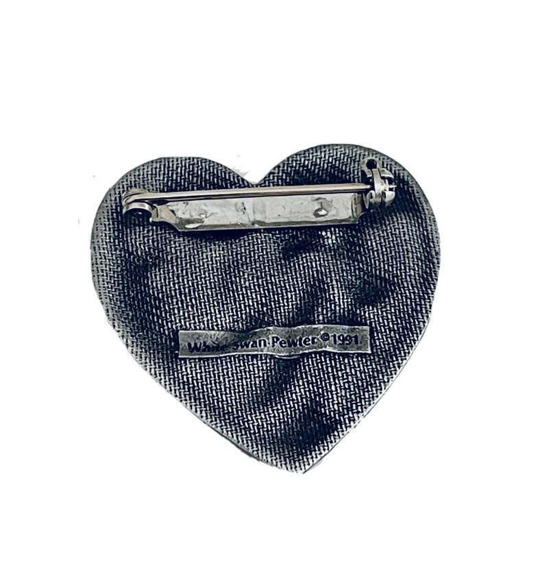 Vintage White Swan Pewter Heart Pin Brooch