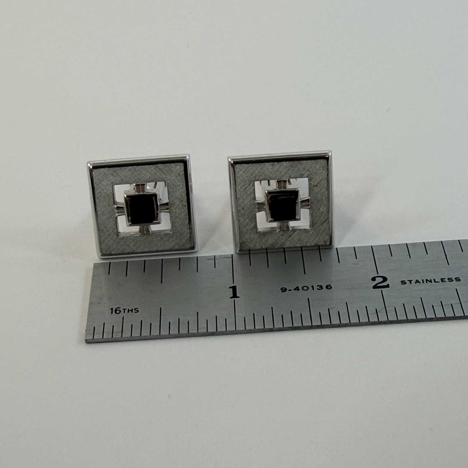 Swank Tie Clip and Cuff Links Set Brushed Silver Tone Onyx Stone