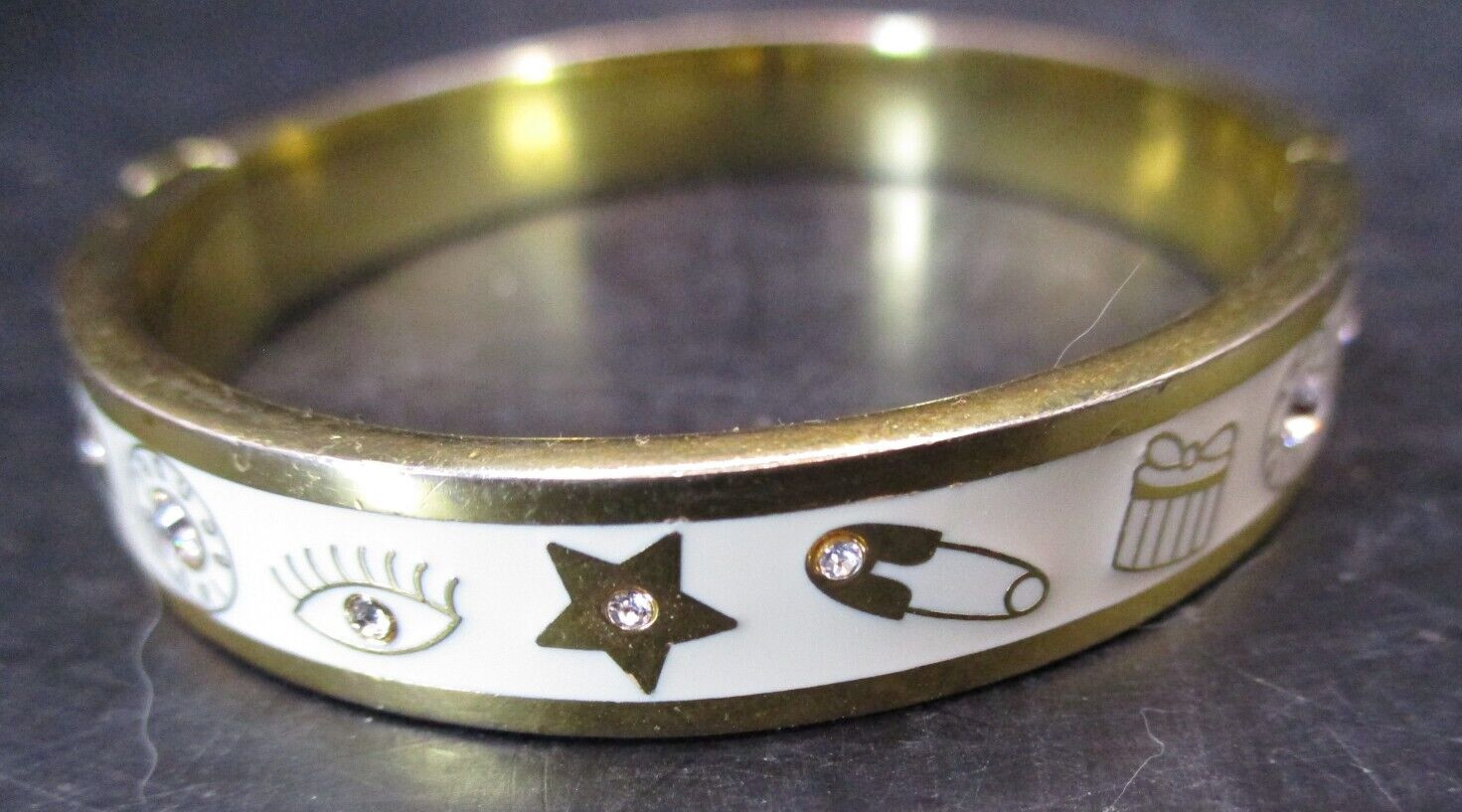 RARE HENRI BENDEL NEW YORK GOLD, CREAM ENAMEL RHINESTONE “LIFE EVENTS” HINGED BA