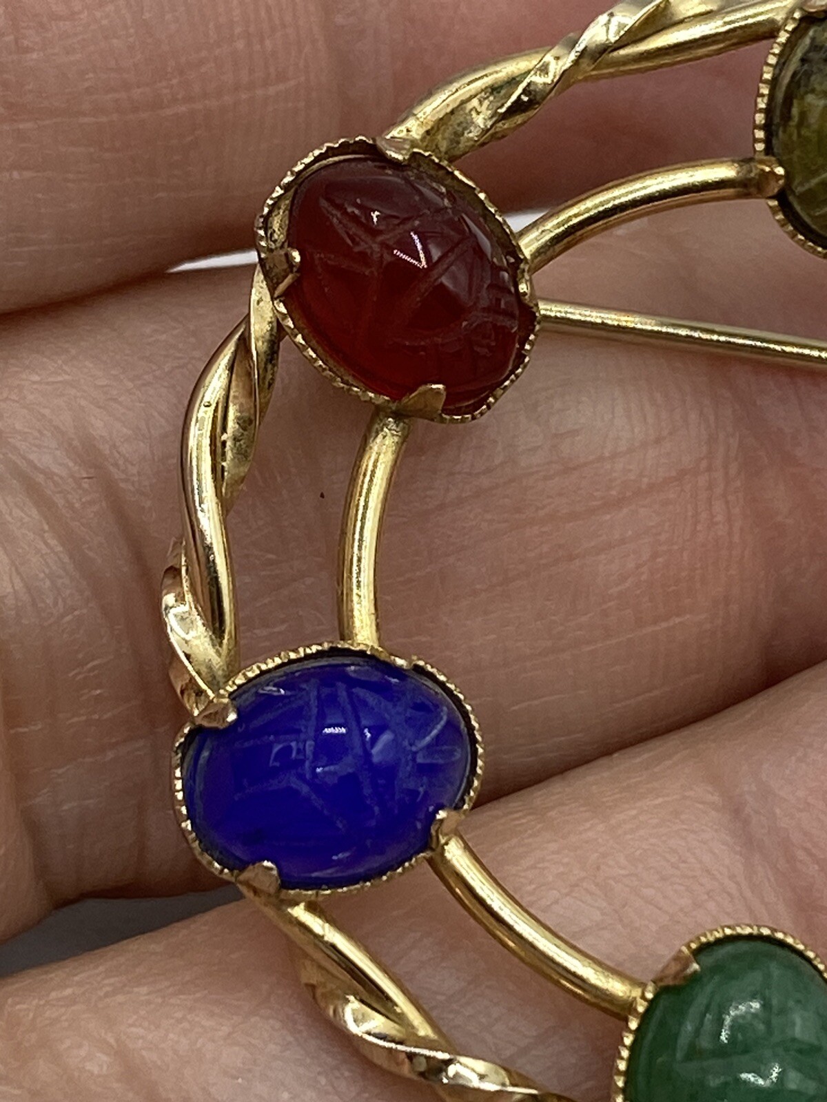 DIXELLE Brooch Signed SCARAB GEMSTONE ROUND PIN 1/20 12K GOLD FILLED 1 1/4″