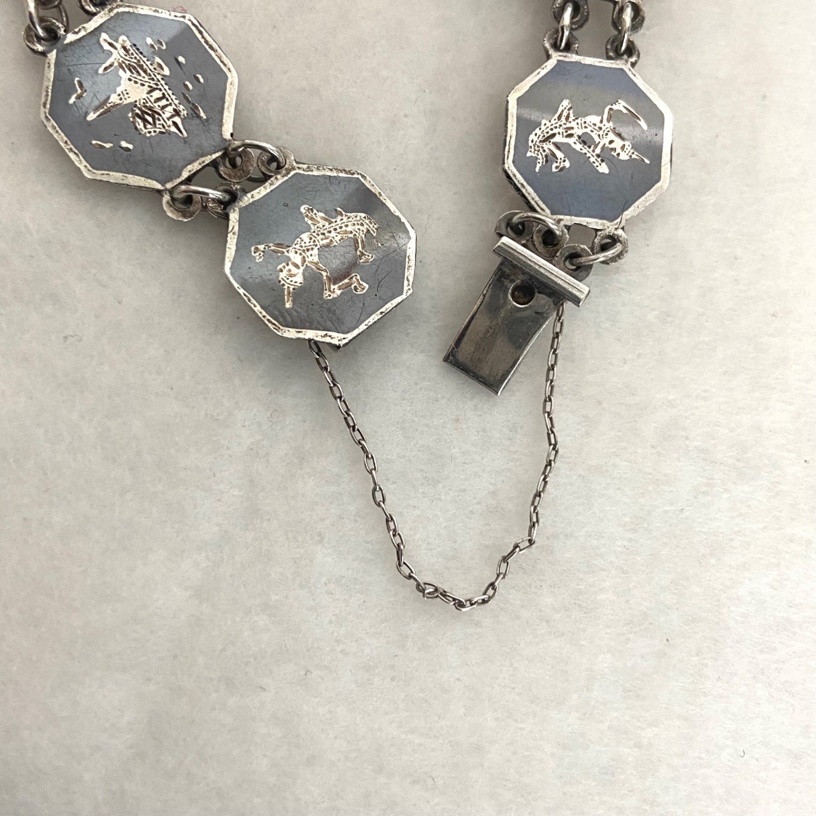 VTG Siam Sterling Silver 925 Niello Black Enamel Panel Bracelet 6.75″
