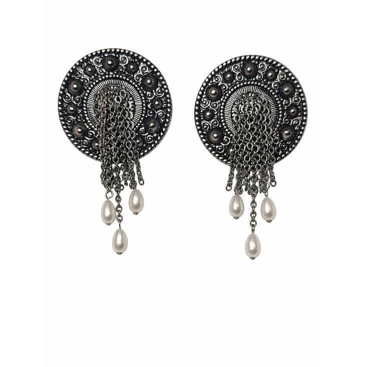 Vintage Silver Tone Medallion Chain Fringe Earrings Faux Pearl Boho Statement